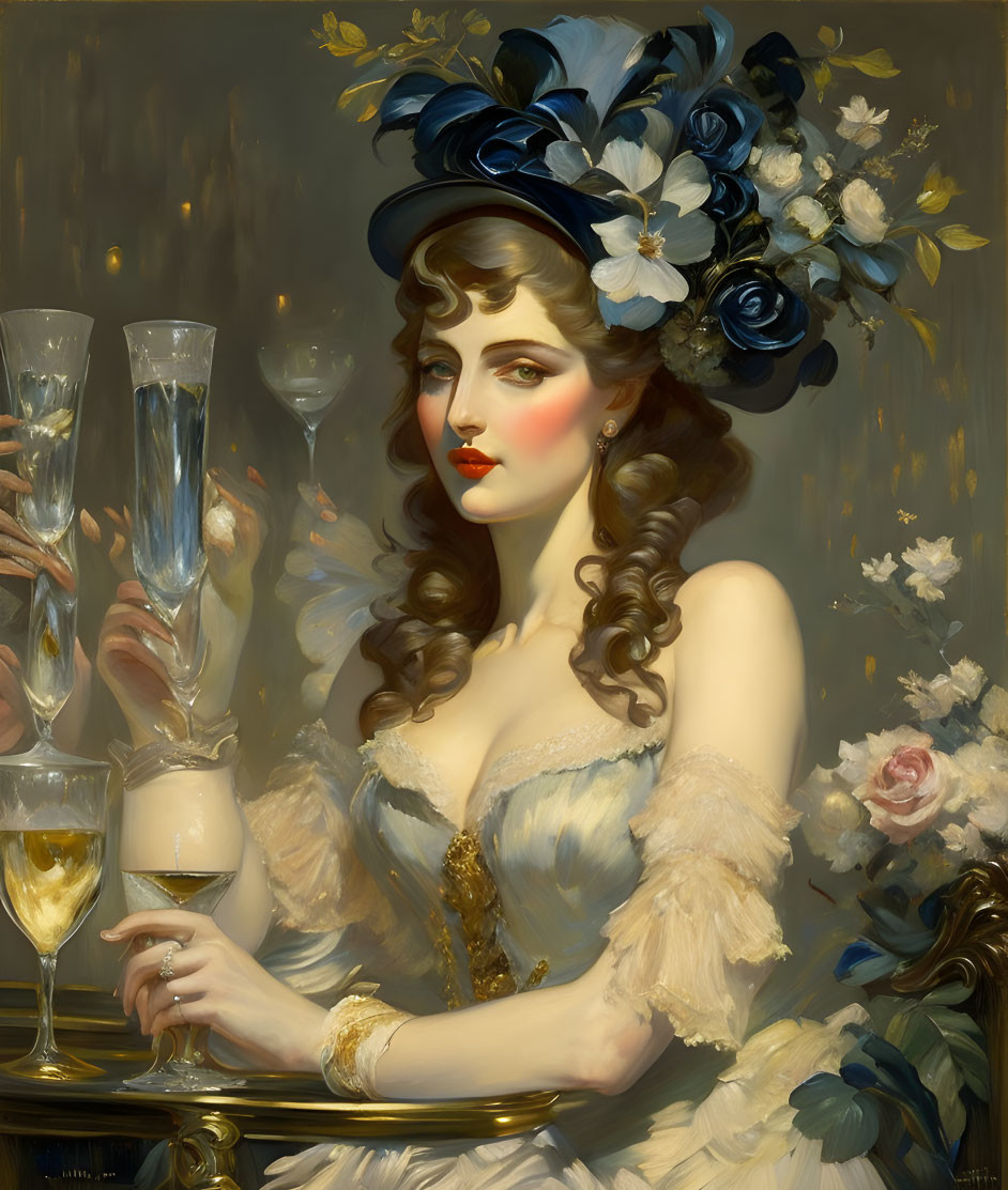 Classic Portrait of Woman with Dark Hair and Blue Flowers Holding Champagne Glass