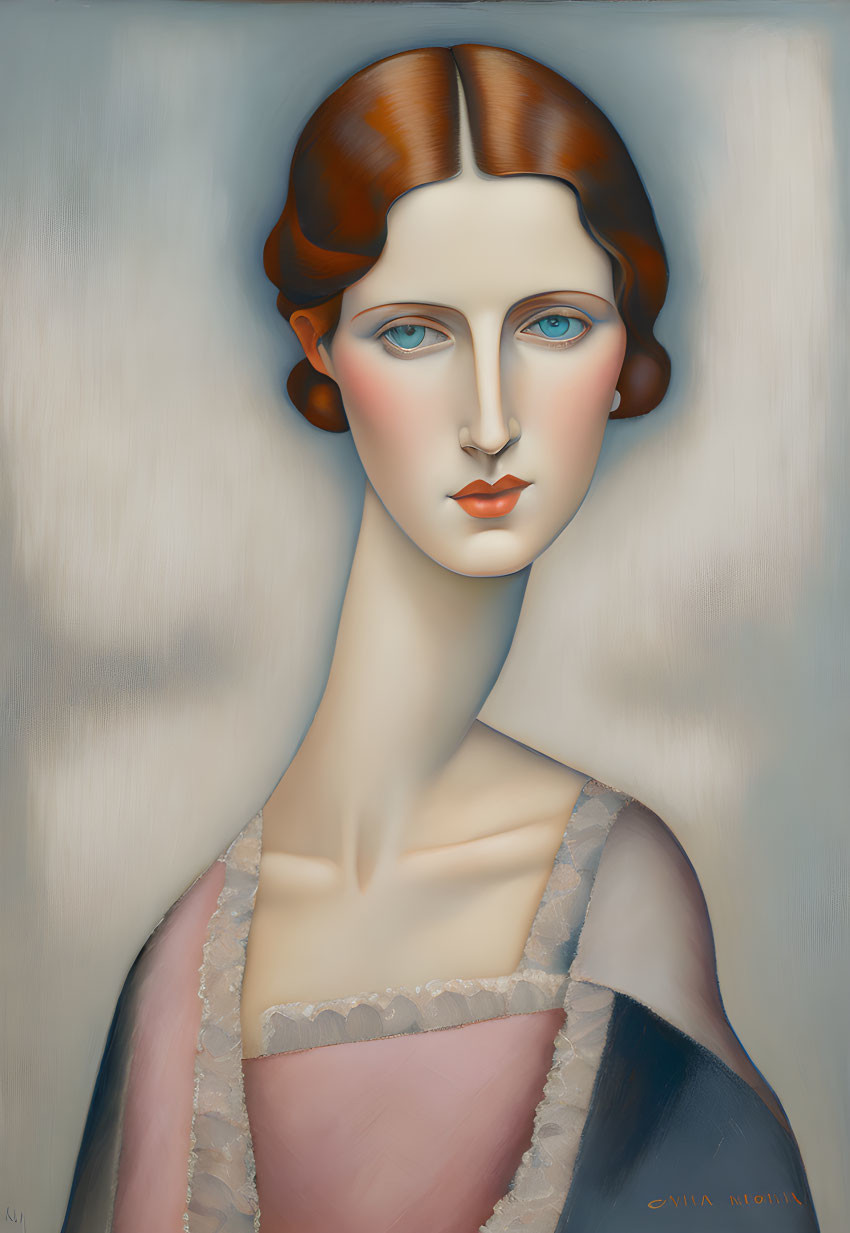 Ethereal portrait of woman with blue eyes and auburn hair in pink and navy dress