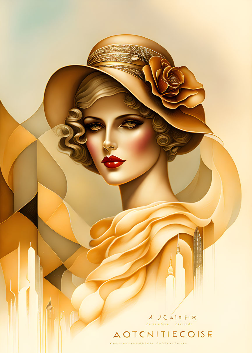 Stylized Art Deco woman with golden hair and hat in cityscape illustration