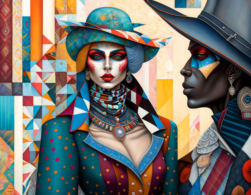 Stylized characters with vibrant makeup and elaborate costumes