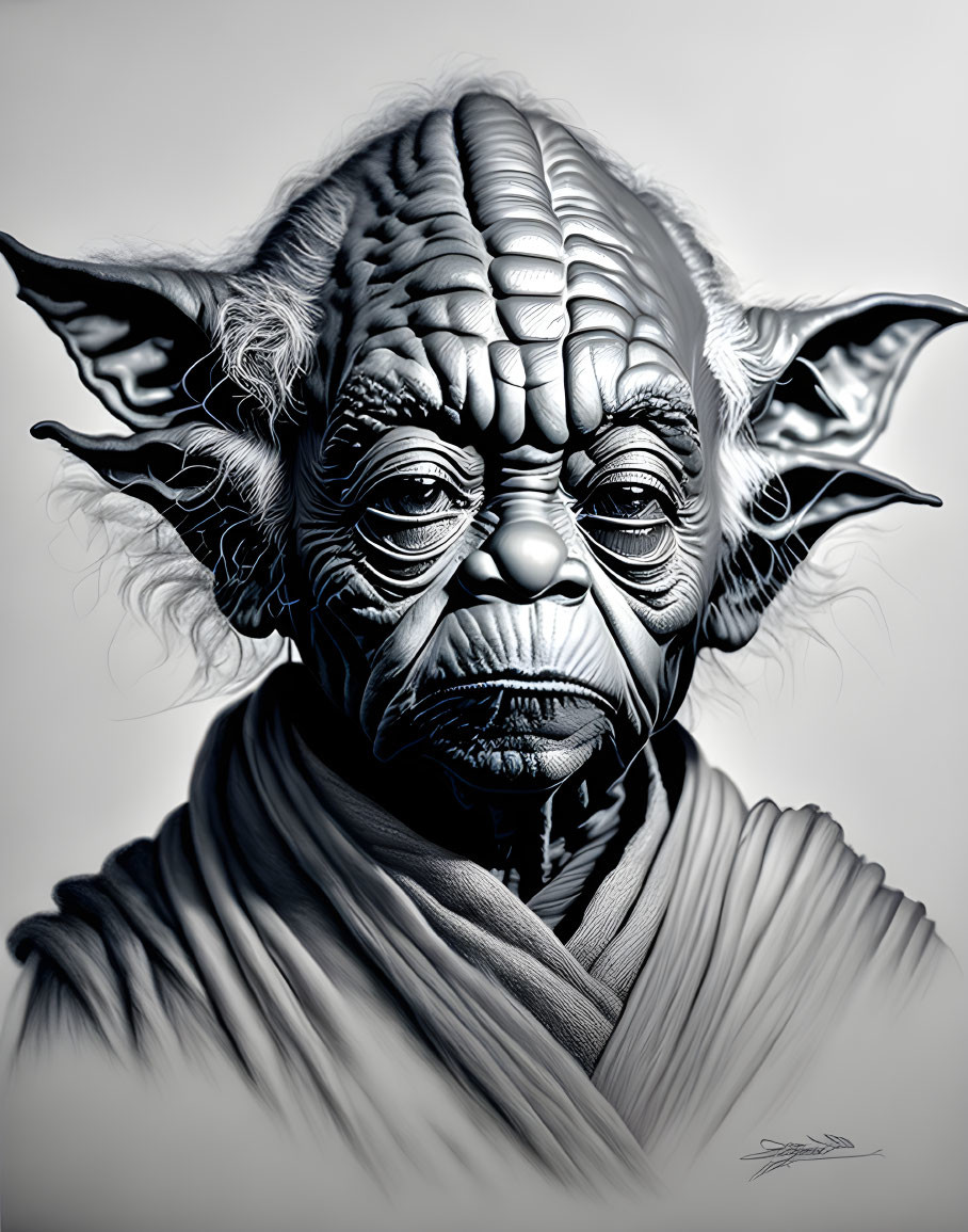 Detailed Black and White Portrait of Wise Yoda from Star Wars