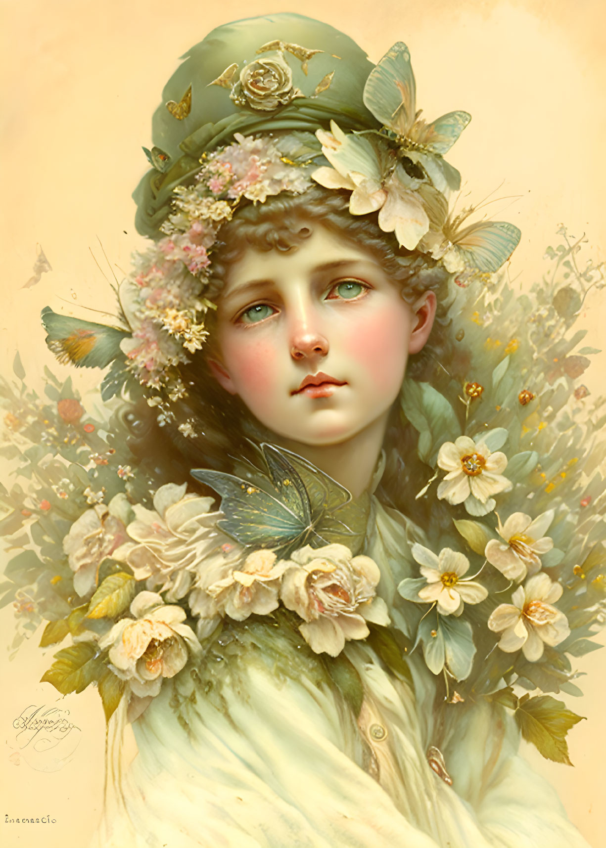 Portrait of Woman in Green Hat Surrounded by Floral and Butterfly Motifs