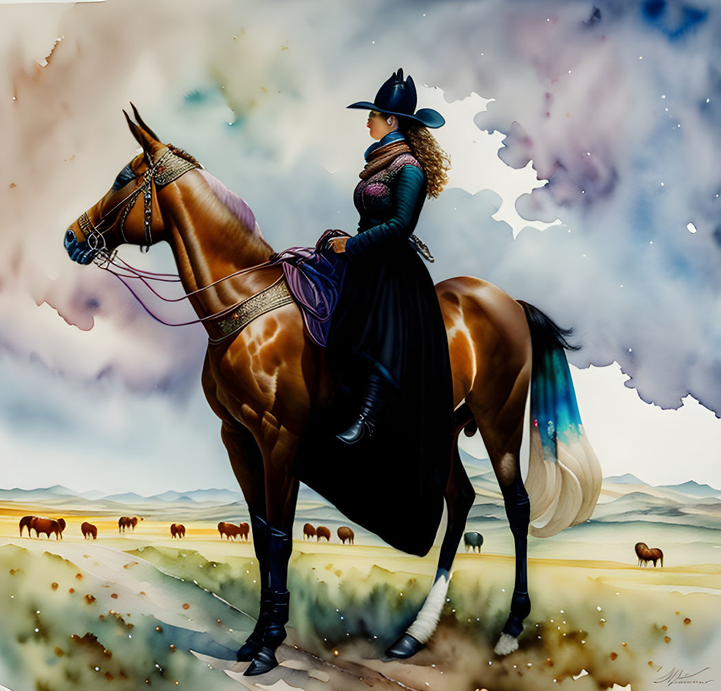 Cowboy woman riding chestnut horse with intricate tack in dreamy sky.