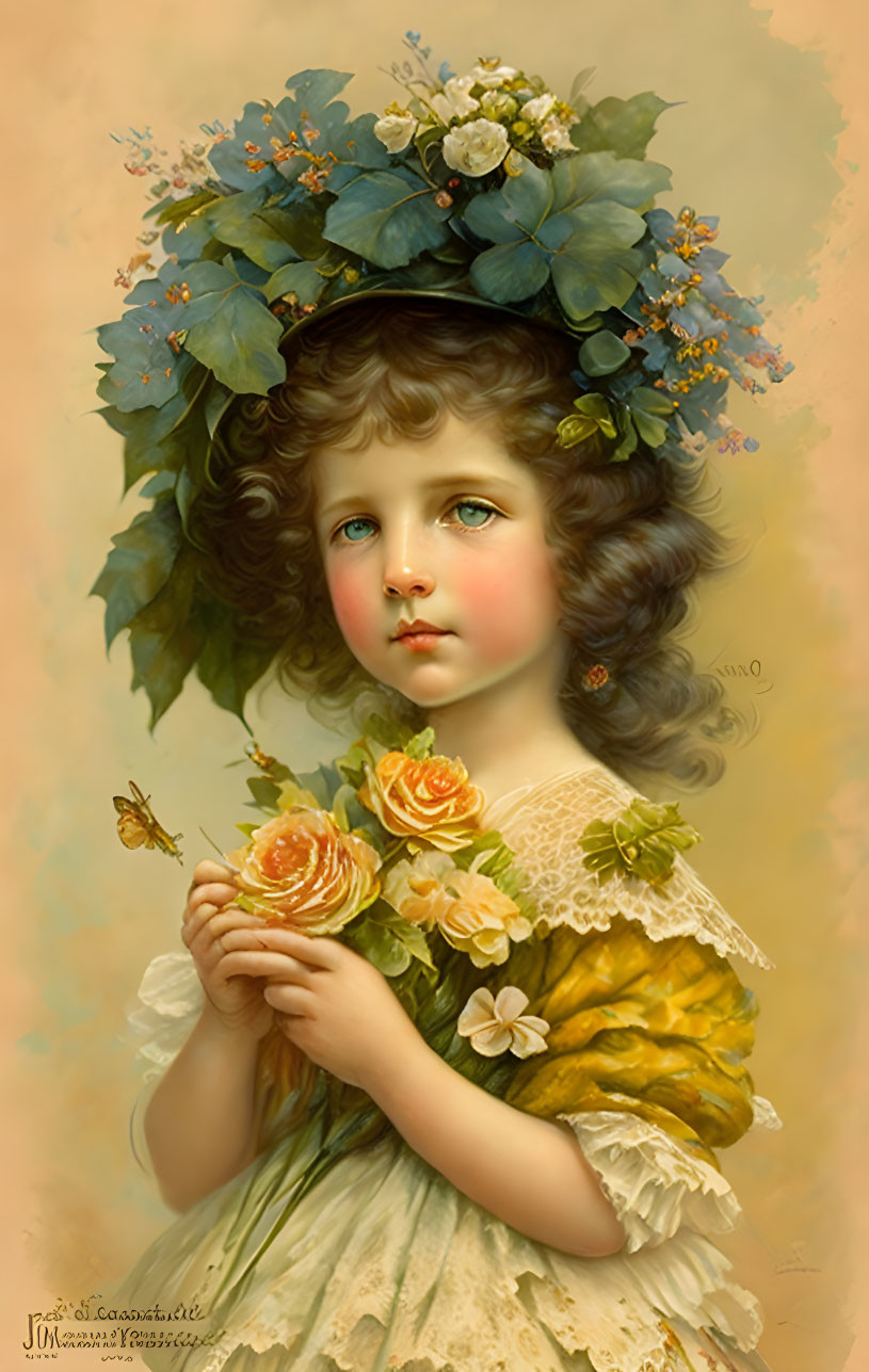 Vintage-style illustration of young girl with rosy cheeks, curly hair, blue floral wreath, holding