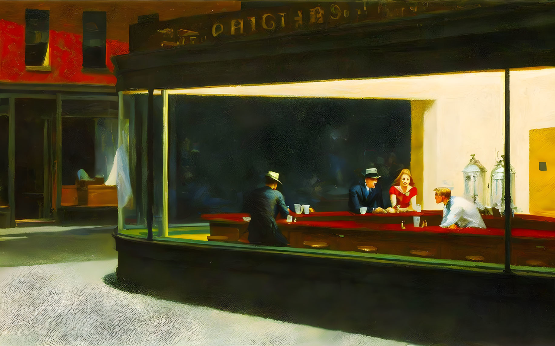 Dimly Lit Diner Painting with Large Windows and Night Scene