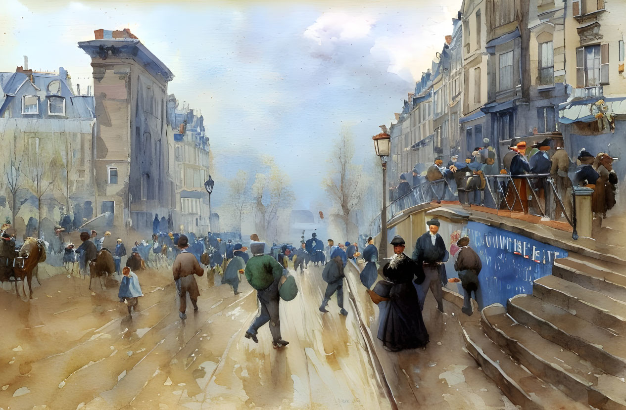 Historical street scene with pedestrians and carriages in warm watercolor.