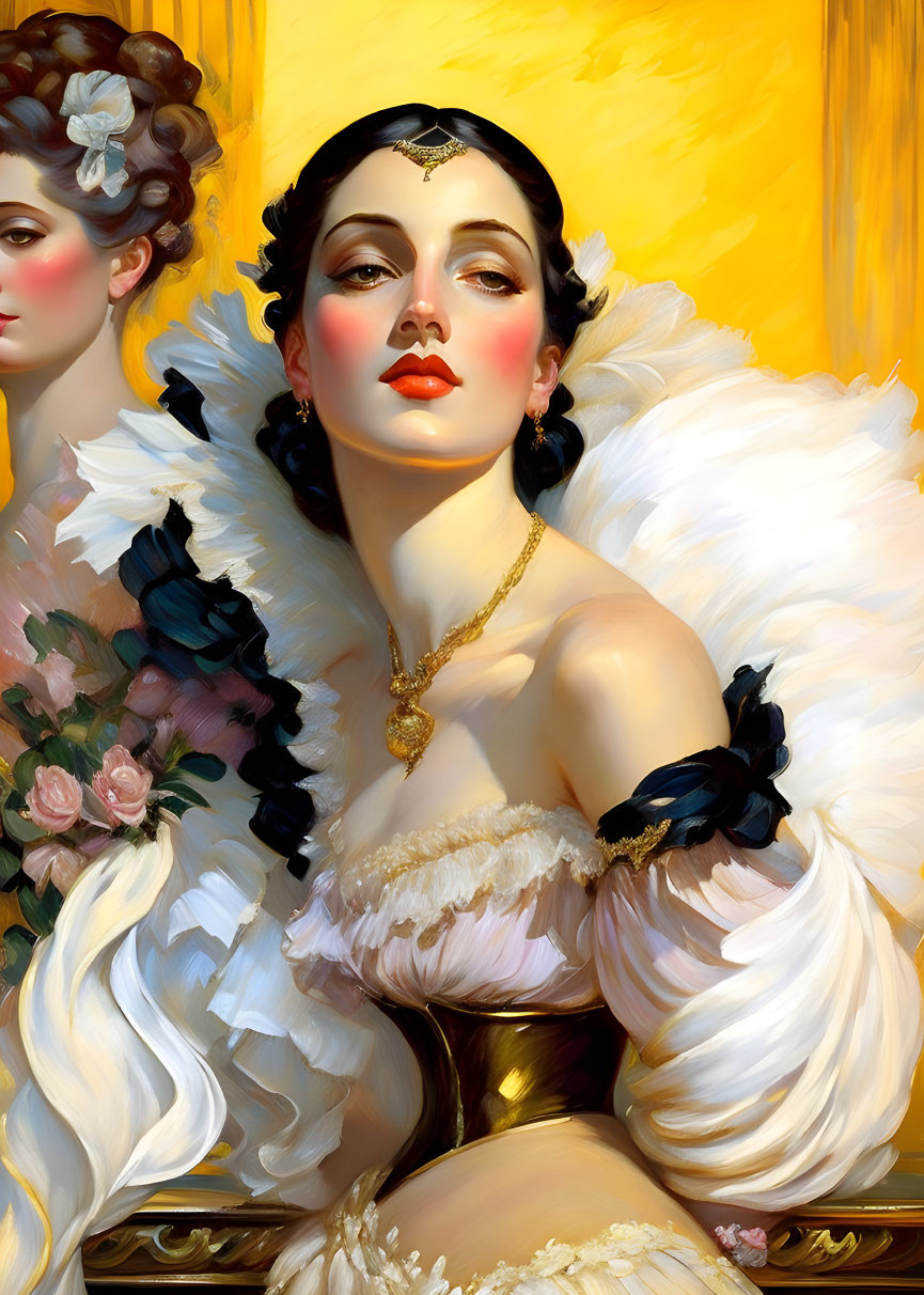 Portrait of elegant woman with dark hair, flower, golden necklace, off-shoulder dress, white