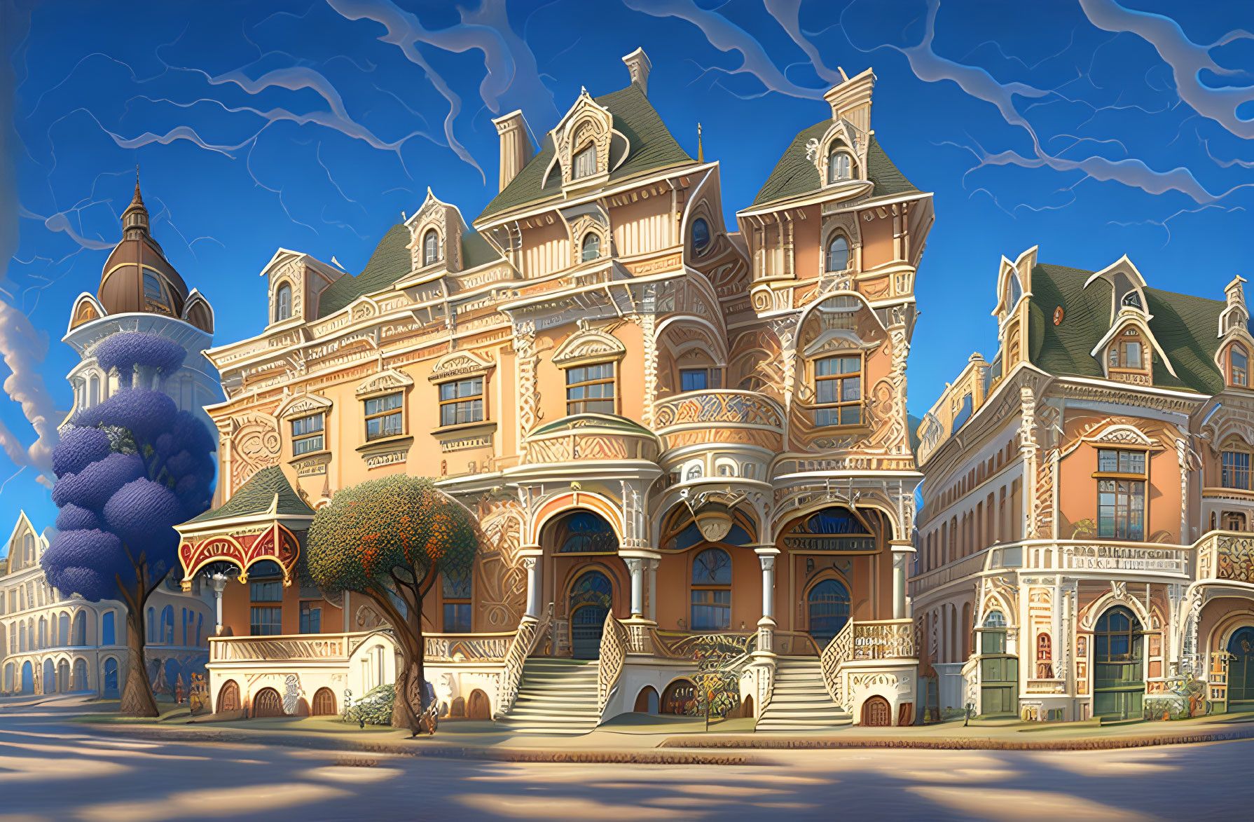 Ornate Victorian-style mansion illustration with fantastical architecture