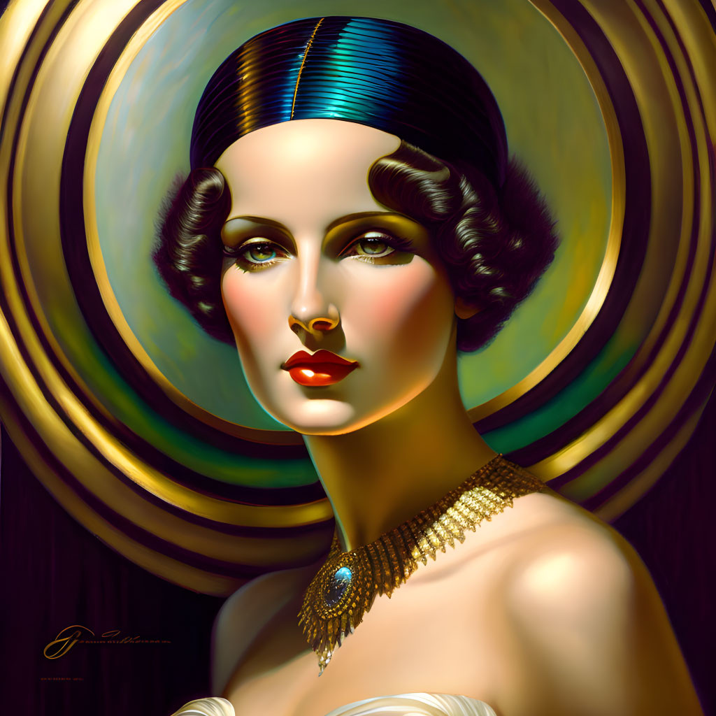 Stylized woman with 1920s makeup and short hair in ornate necklace against concentric