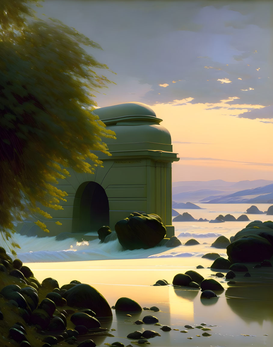 Tranquil sunset scene with classical building on rocky shoreline