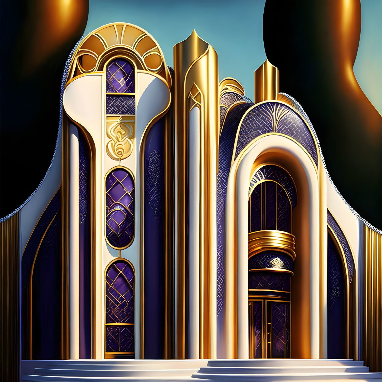 Gold and Blue Art Deco Building with Ornate Design