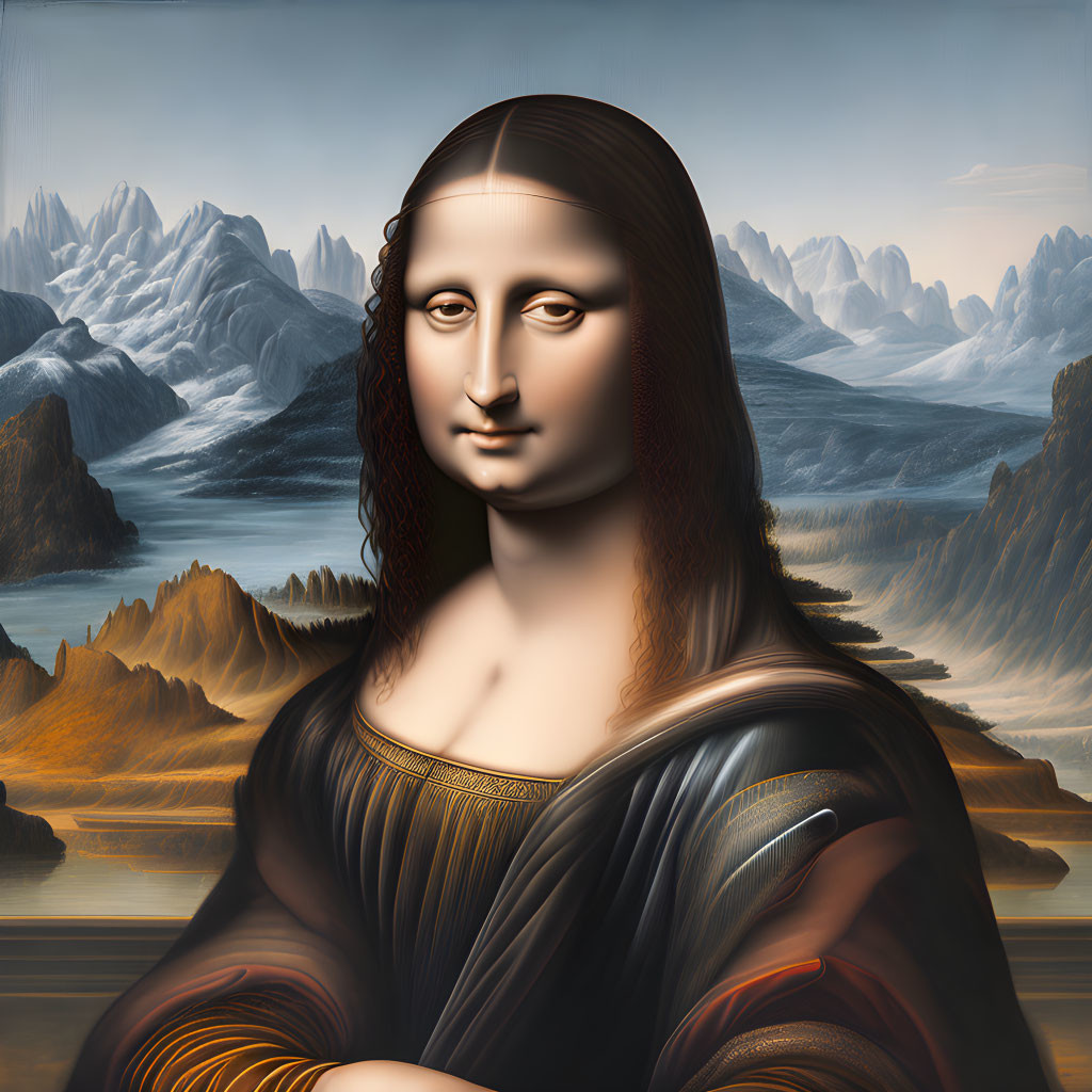 Surreal digital artwork: Mona Lisa merged with mountainous backdrop