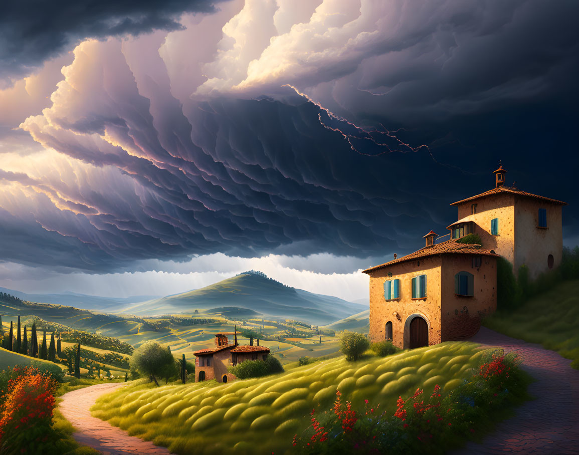 Stormy Sky Over Rural Tuscany Landscape with Houses
