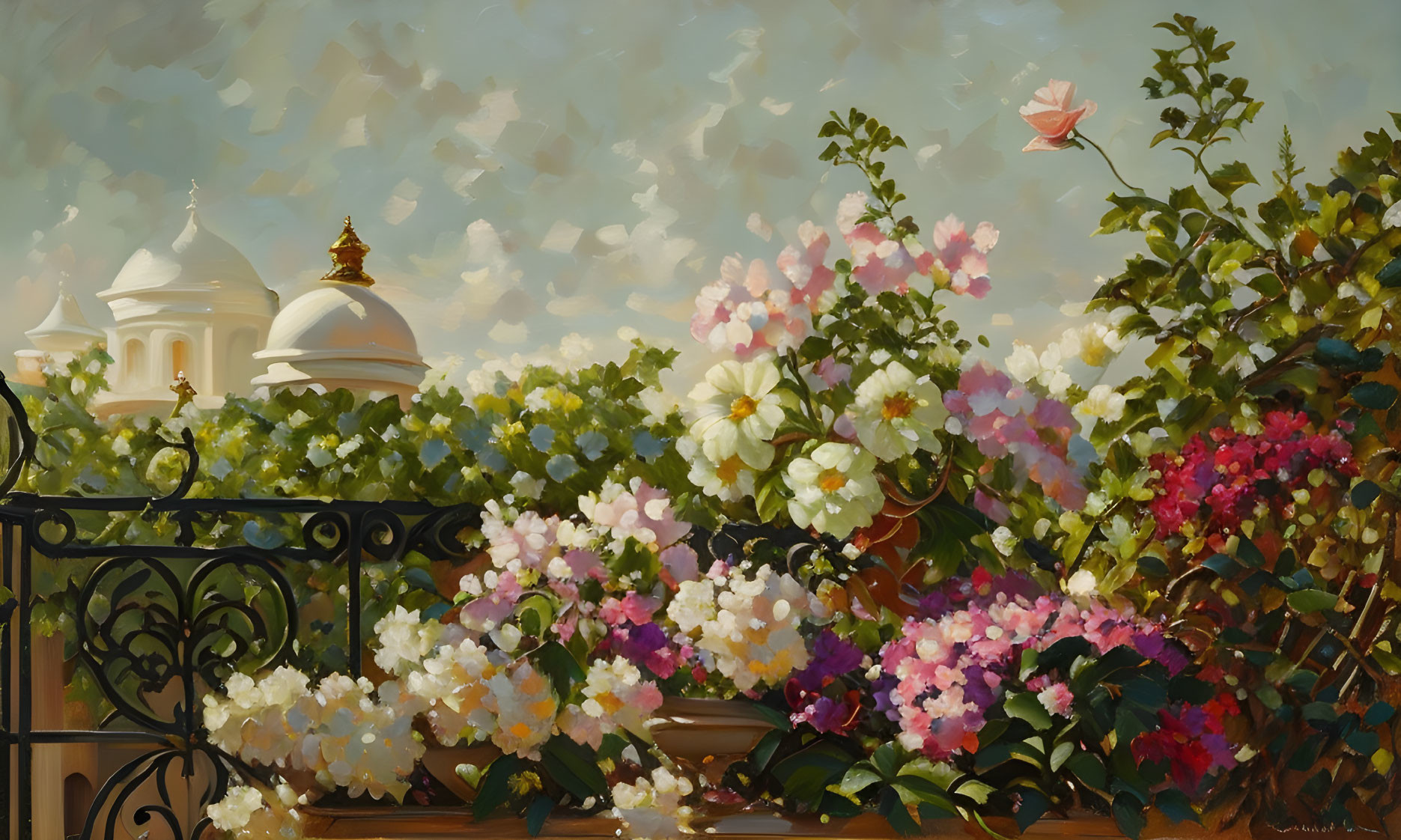 Colorful oil painting of blooming floral balcony with pink, white, and red flowers, classic dom