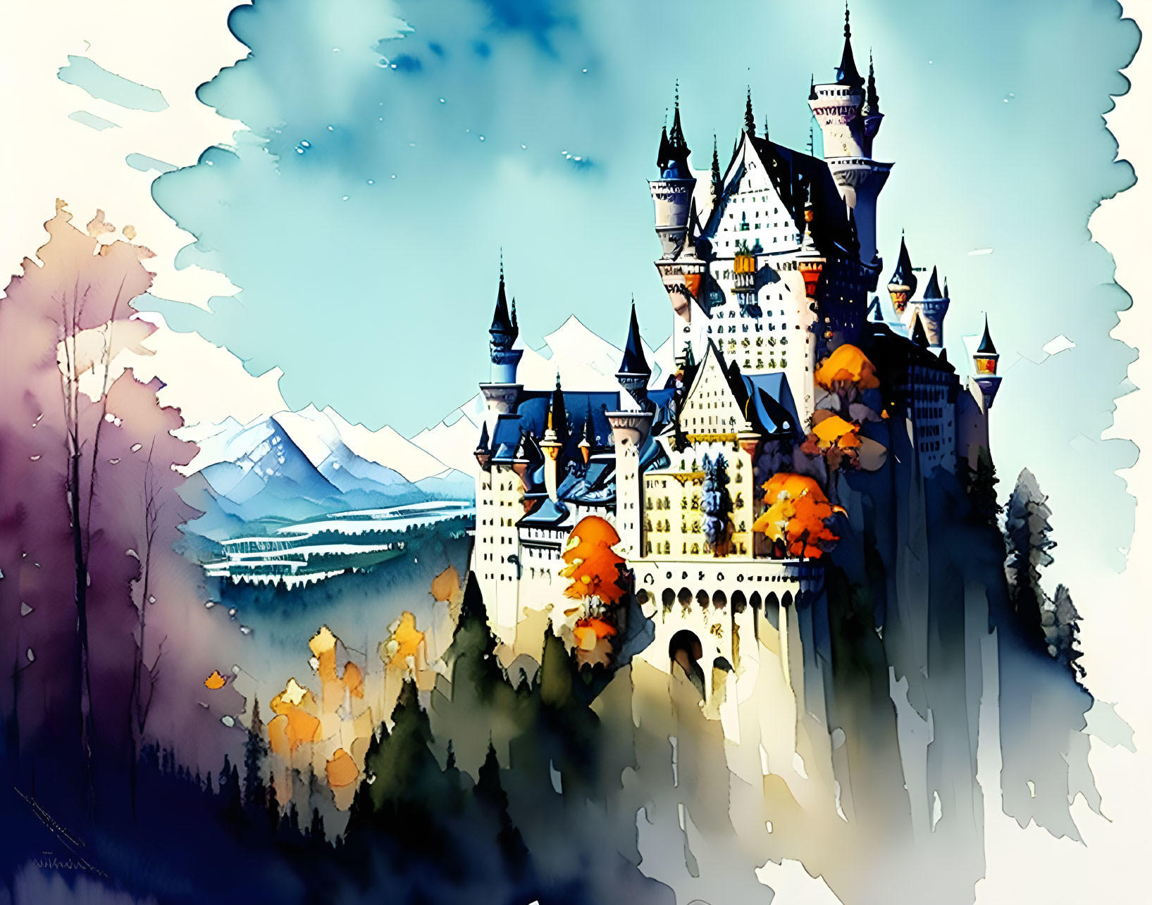 Majestic castle on cliff with autumn trees and mountains