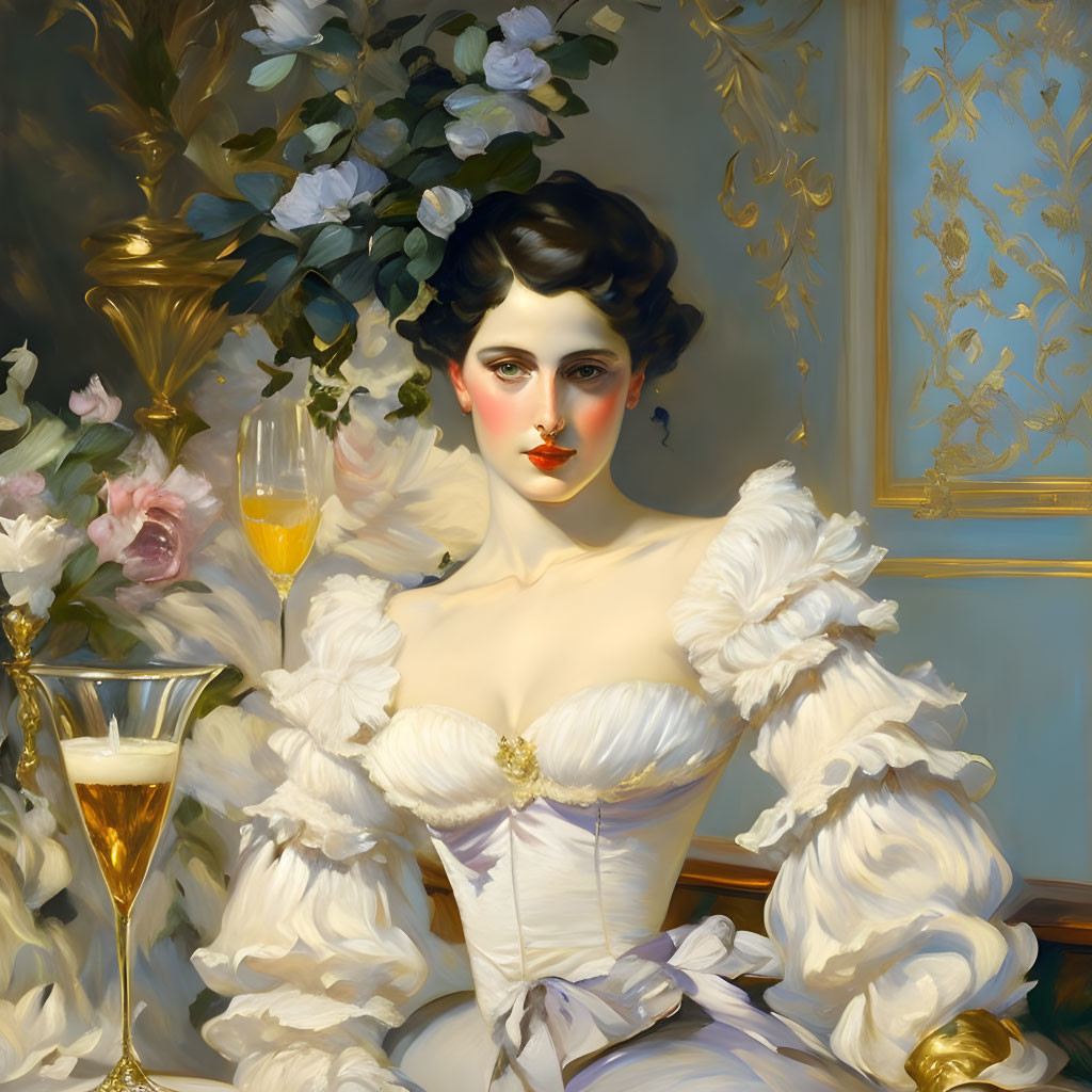 Classical Charm: Elegant Woman in White Gown with Champagne and Flowers