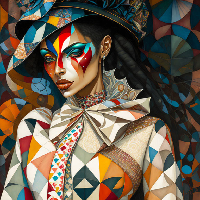 Colorful Portrait of Person with Geometric Face Paint and Stylish Hat