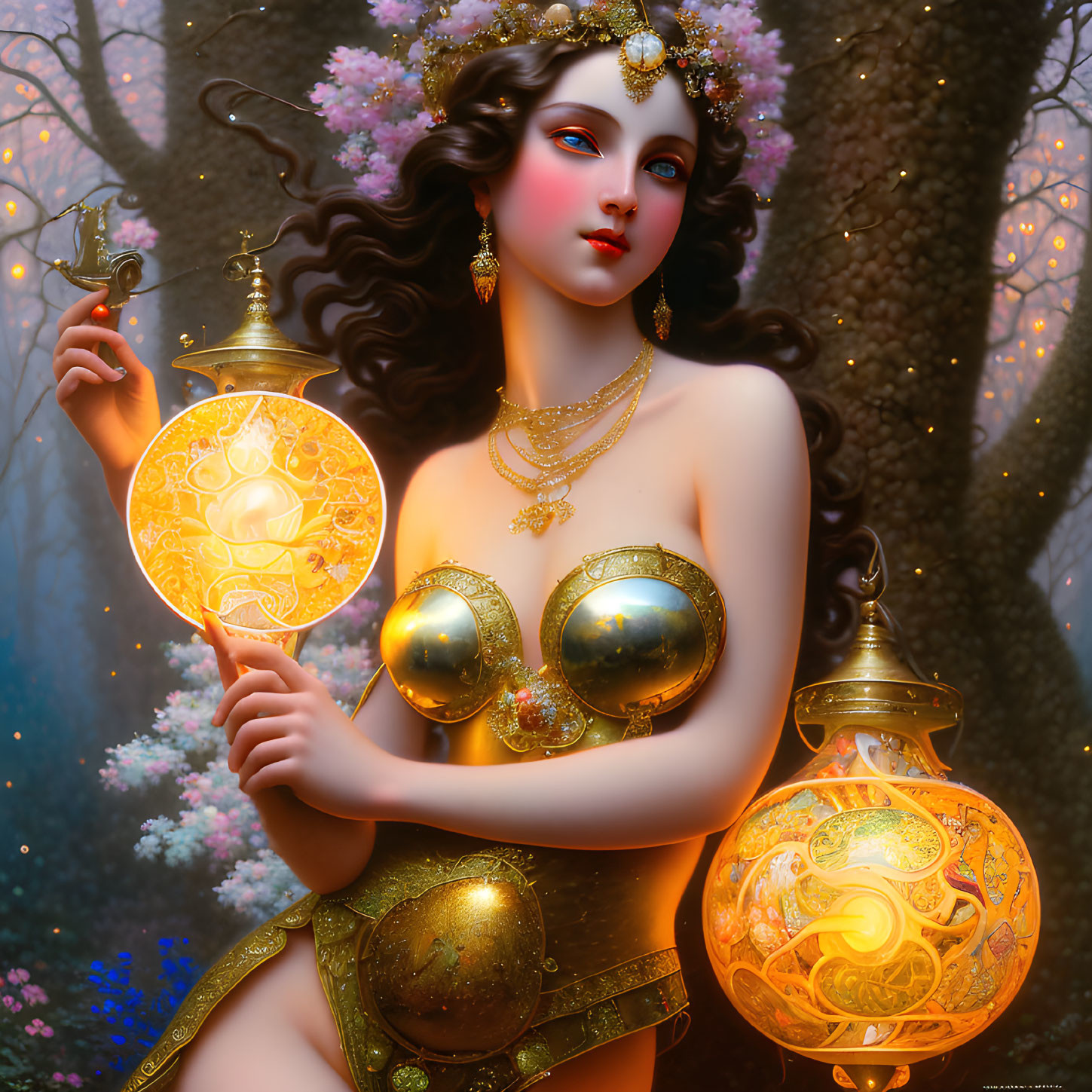 Fantastical female figure with flower crown and ornate lamps in mystical forest