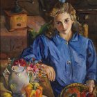 Vintage painting of woman in blue dress with fruits and flowers on table