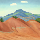 Colorful illustrated landscape with rolling hills and blue mountain under fluffy clouds