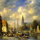 European river scene painting with boats, people, and dramatic sky