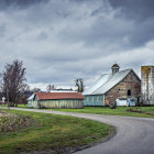 Rustic farm with barns, silo, horse grazing, wildflowers, mountains, and