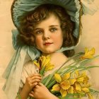Vintage-style illustration of young girl with rosy cheeks, curly hair, blue floral wreath, holding