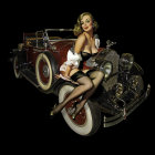 Stylized artwork of woman with headphones merged with chrome motorcycle parts on dark background
