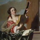 Woman with Guitar and Book in Flowing Dress: Musical Inspiration