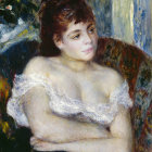 Portrait of a contemplative woman in white gown with blue headpiece