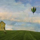 Tranquil landscape with hot air balloon over green field at sunset