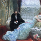 Man in Black Suit Beside Woman on Opulent Bed