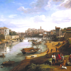 River scene with boats, trade activities, bridge, old-world architecture under bright sky