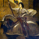 Woman in Armor on Horse Holding Flag, Sword & Shield Artwork Depicting Historic Figure