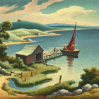 Tranquil watercolor painting of coastal scene with boat, jetty, hut, and figures