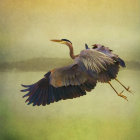 Majestic heron spreading wings in tranquil marsh scenery
