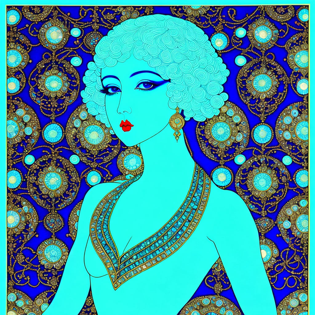 Woman with Blue Skin and Curly Hair on Blue and Gold Patterned Background
