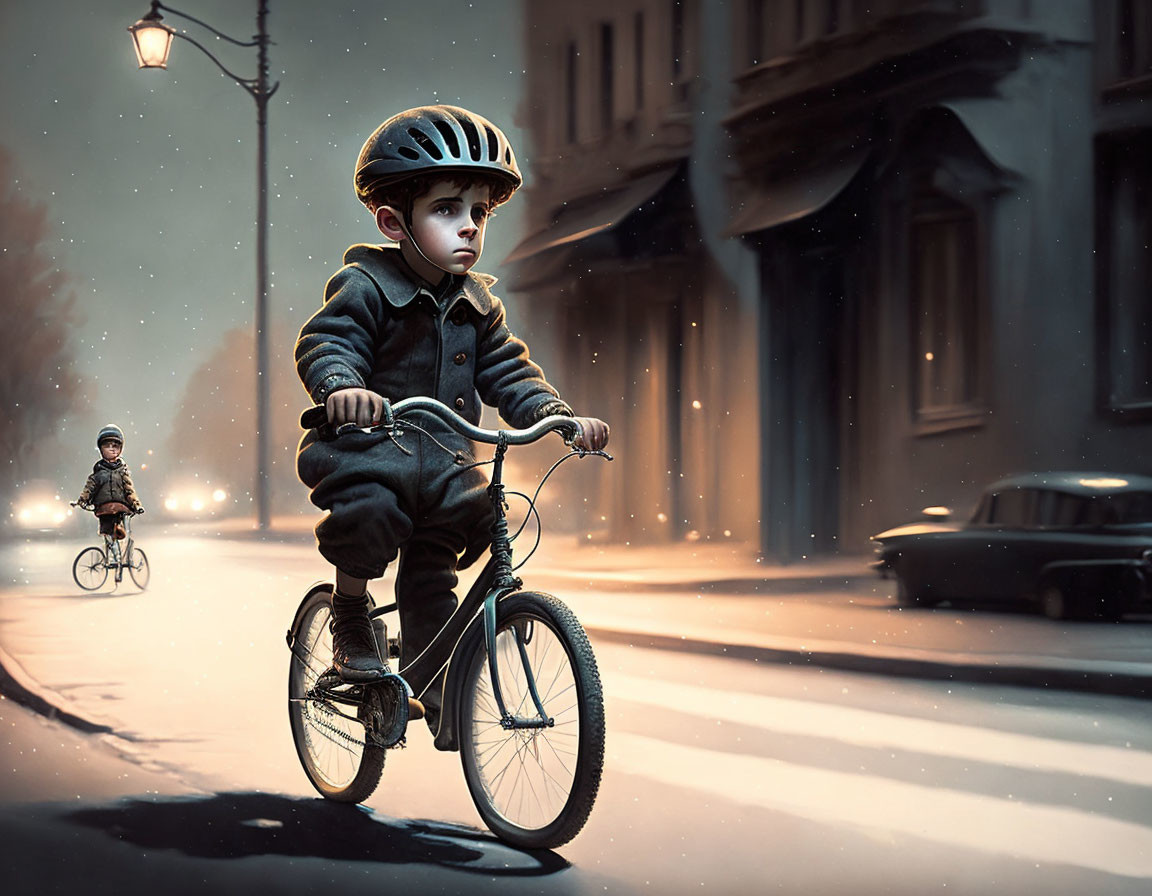 Child biking on snow-dusted street at dusk with vintage cars and another cyclist