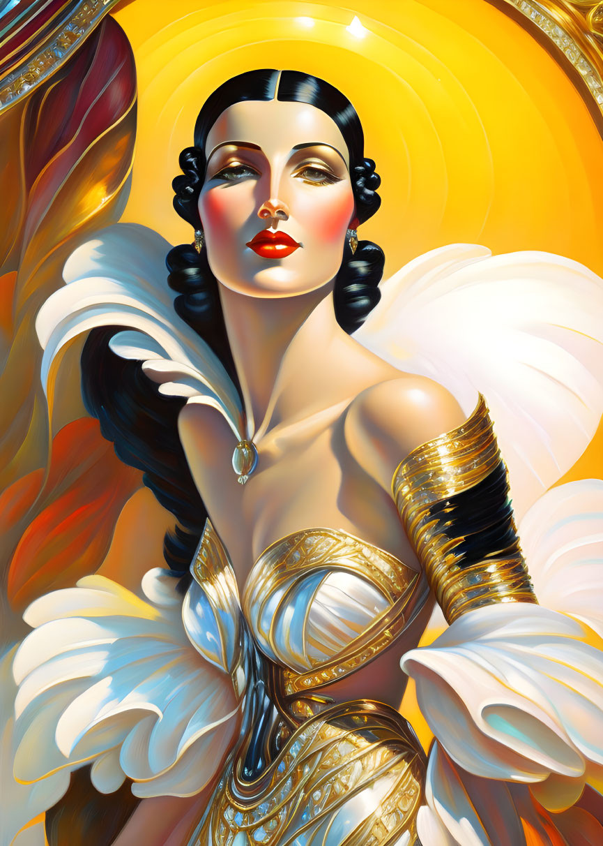 Stylized female figure with white wings and golden attire on radiant background