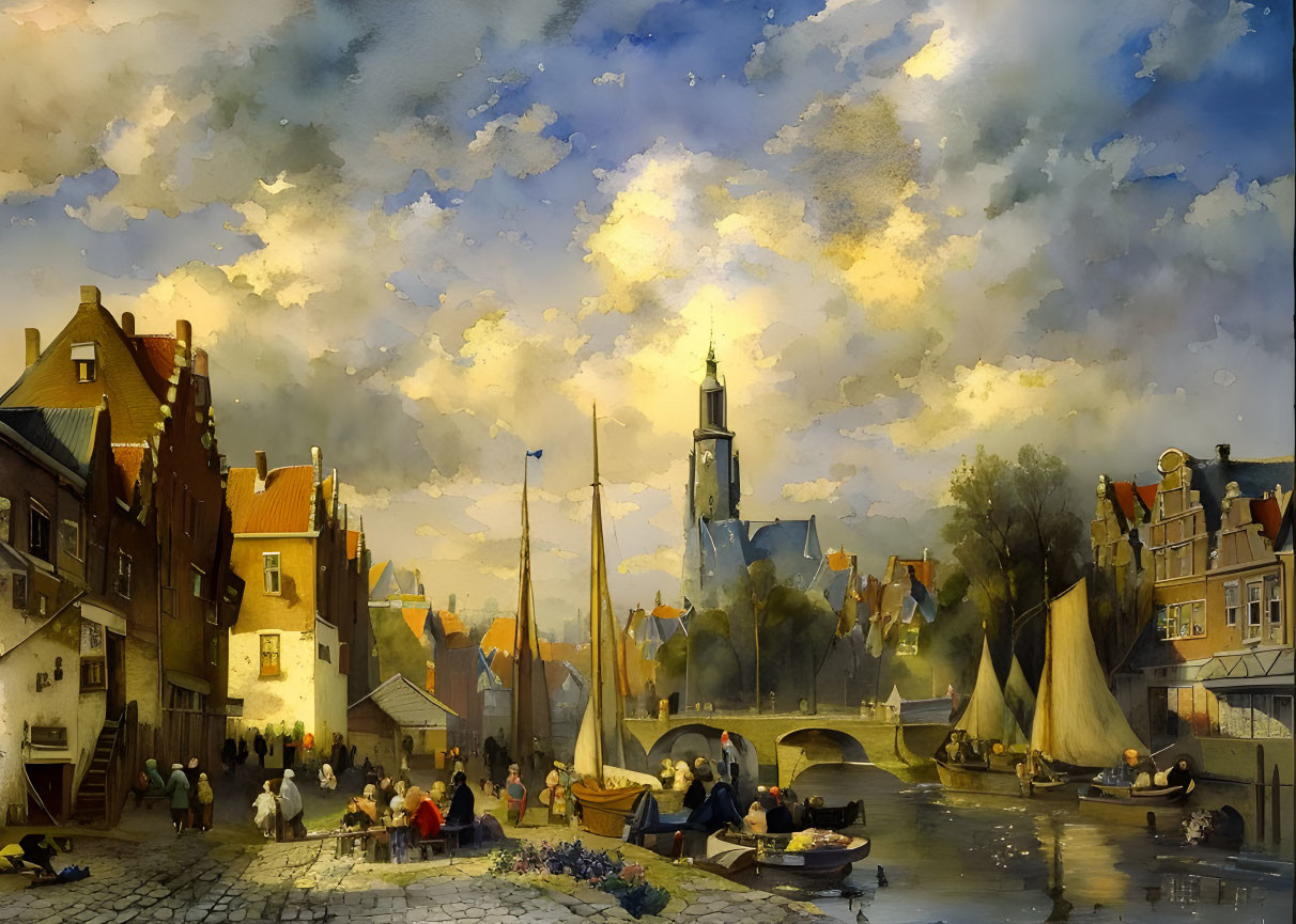 European river scene painting with boats, people, and dramatic sky