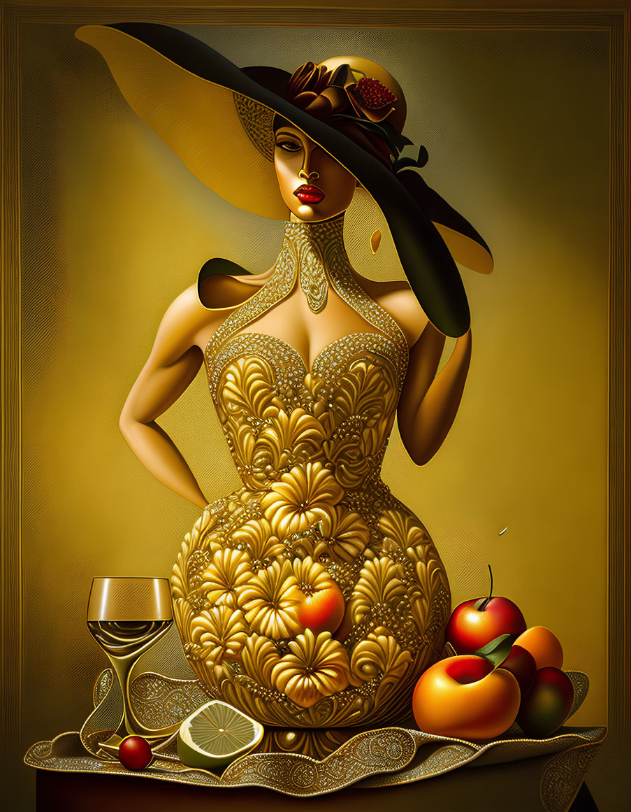 Stylized golden attire woman with extravagant hat, wine and fruit plate