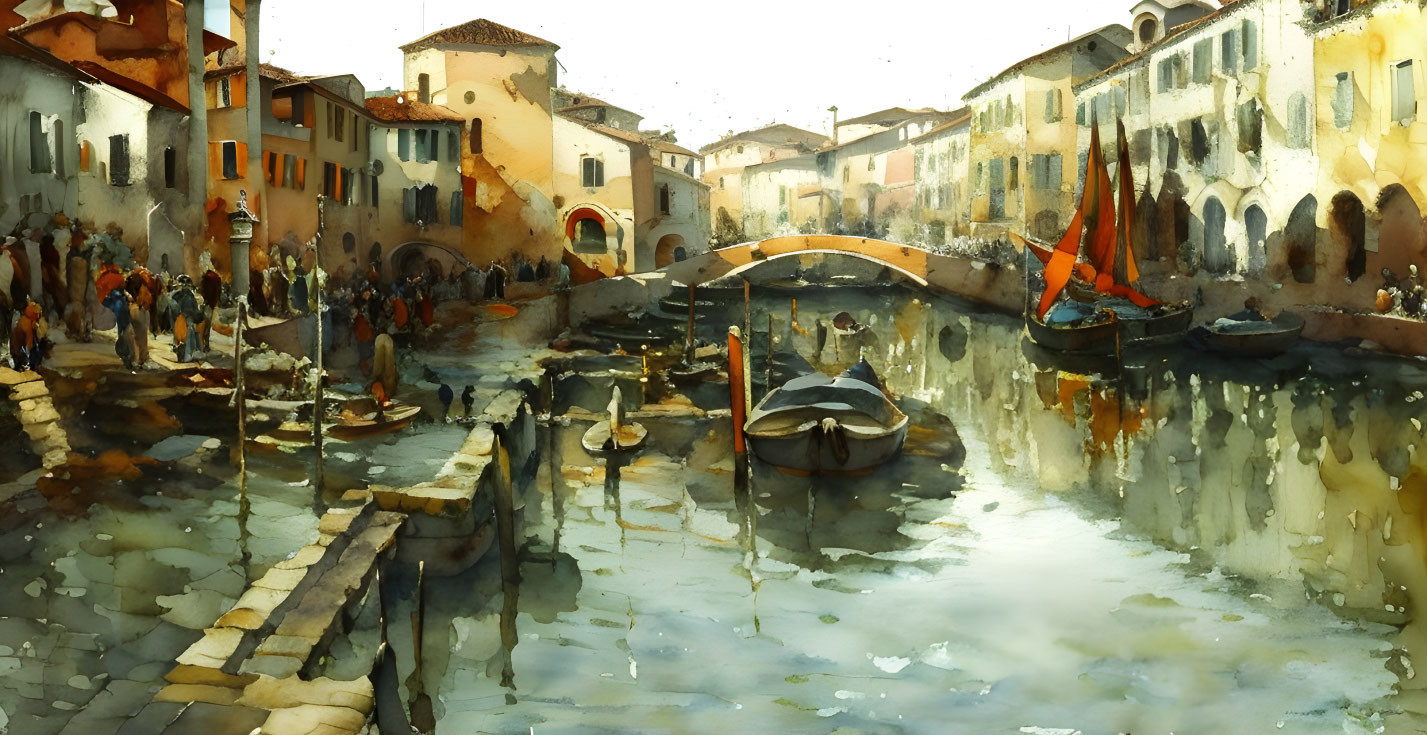 Tranquil Watercolor Painting of Canal Scene in Historic Town