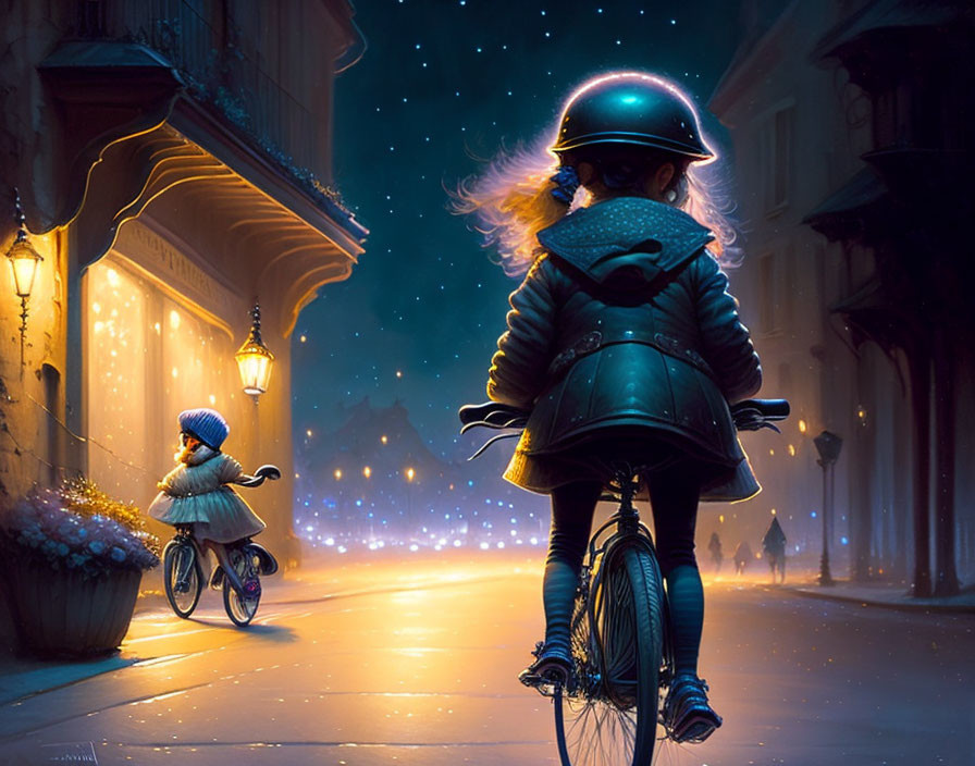 Person in helmet and winter coat cycling on snowy street with vintage lamps
