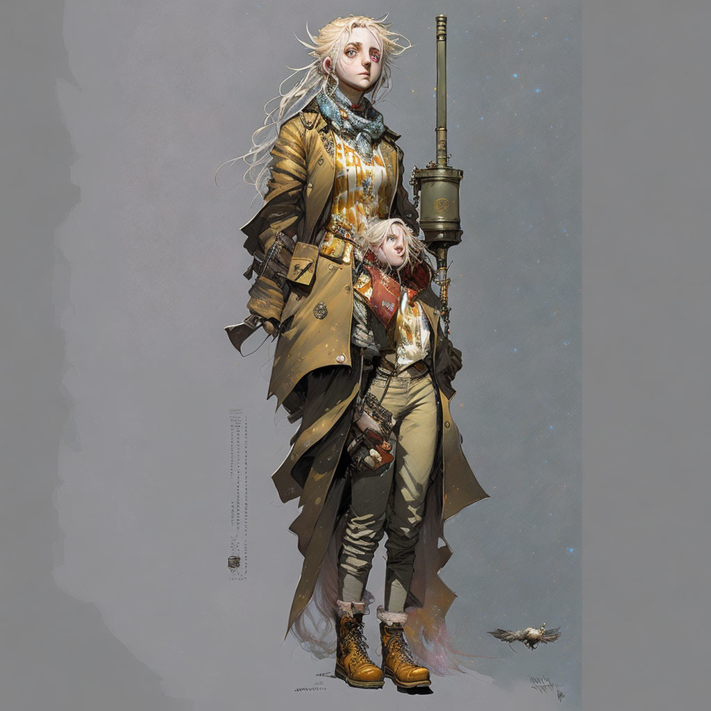 Blond-haired female character in brown coat with gun and robot companion