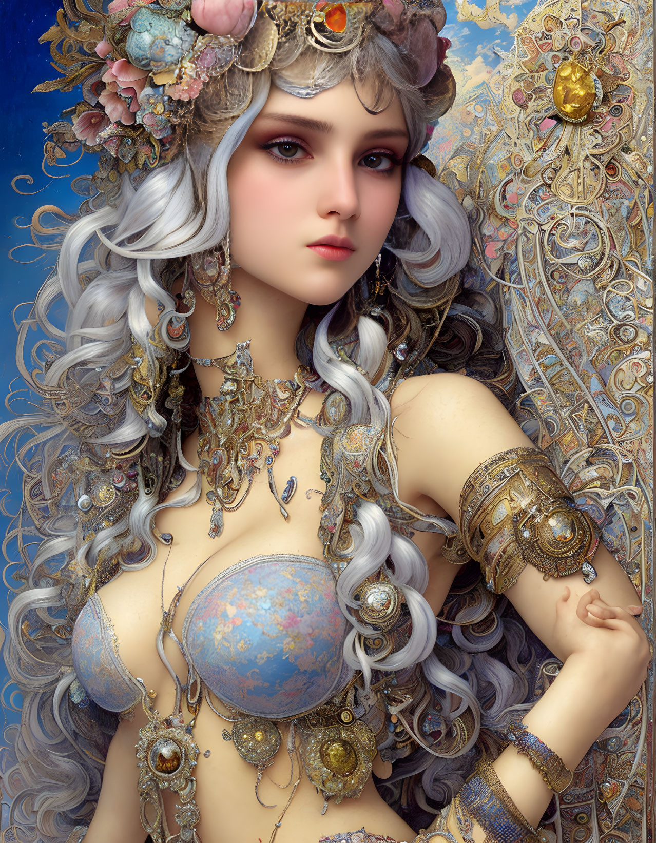 Fantasy woman with long silver hair and floral headpiece in ornate attire