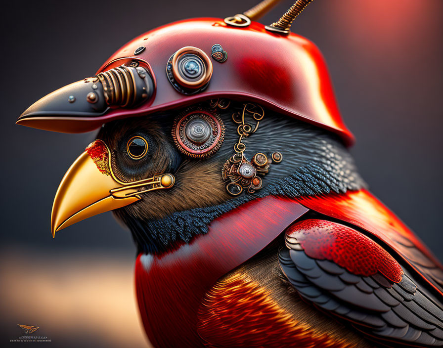 Steampunk-style mechanical bird with metallic beak and red plumage on warm backdrop