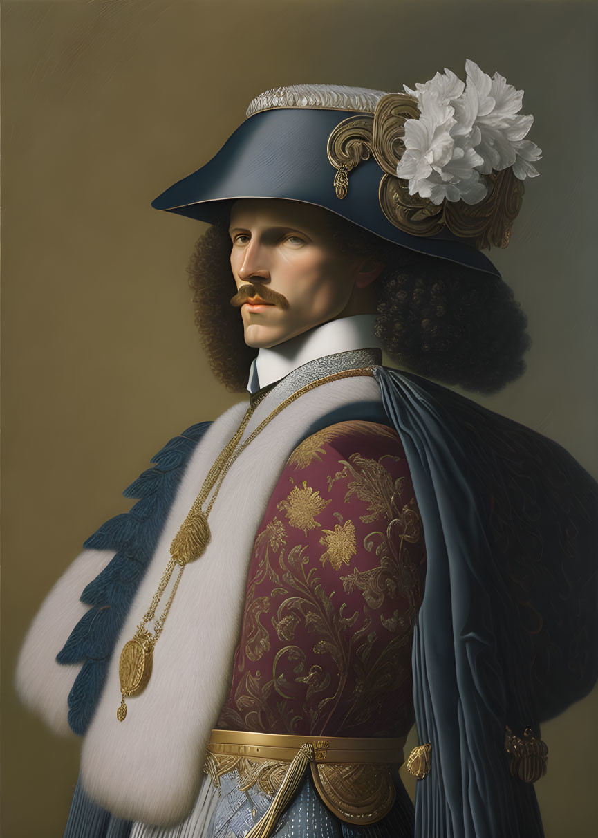 Person in Blue Hat with White Feather, Cape, Ornate Vest, Mustache, and Beard