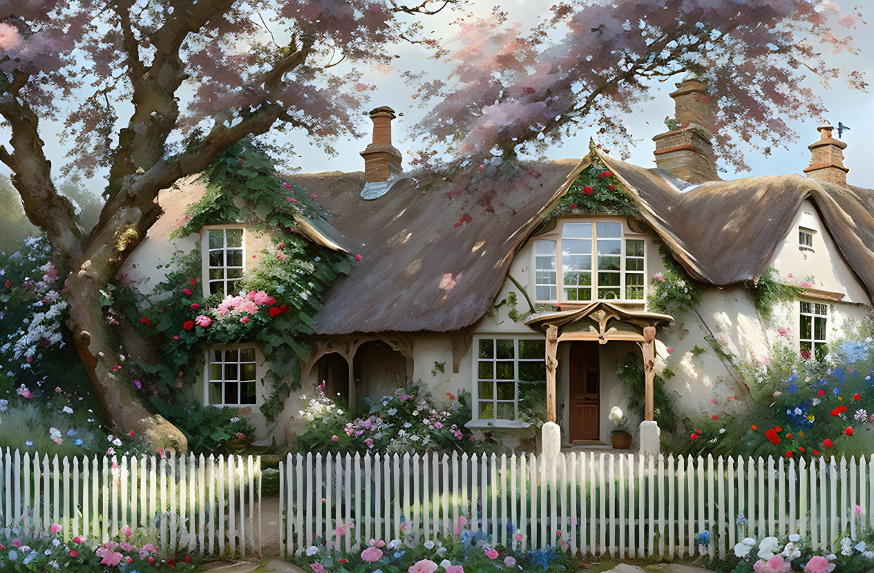 Thatched roof cottage with picket fence and blossoming trees
