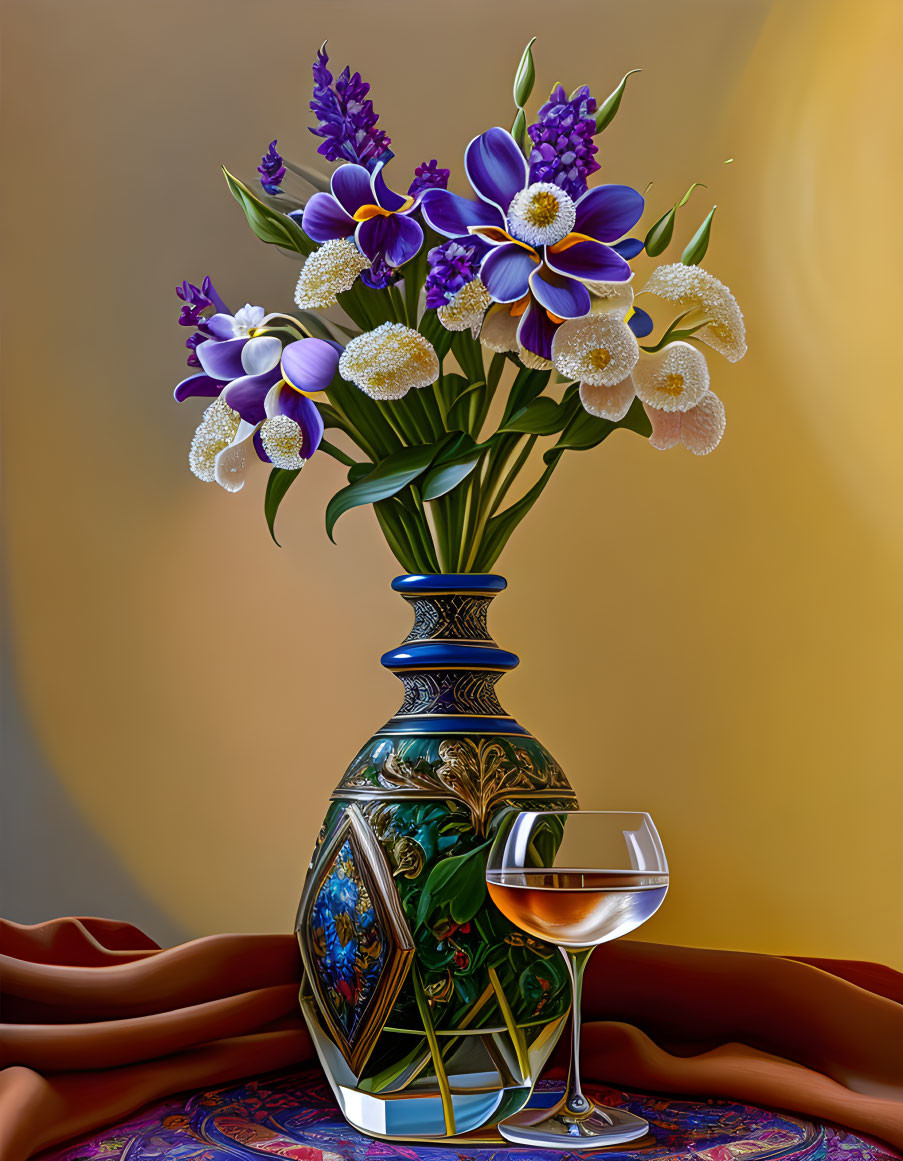Purple and White Flower Bouquet with Wine Glass on Golden Background