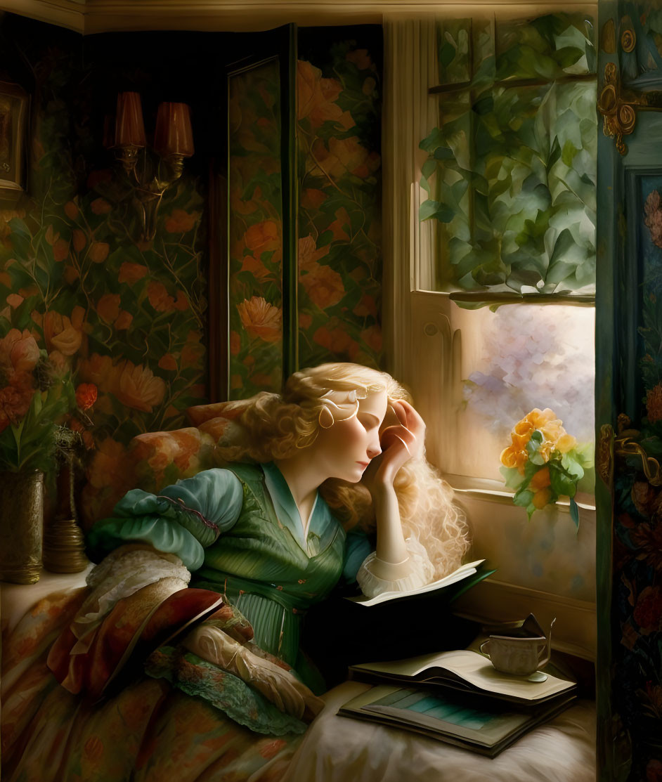 Vintage-clad woman daydreams by window with book amid lush florals